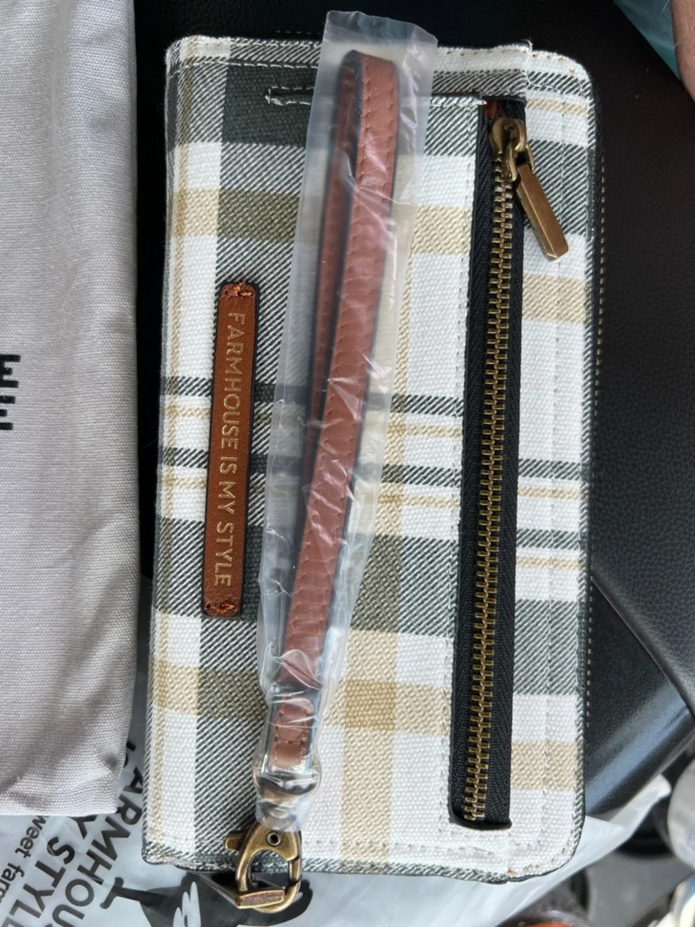Farmhouse Is My Style Plaid Zip Wallet in Cream and Tan - Picture 2 of 7